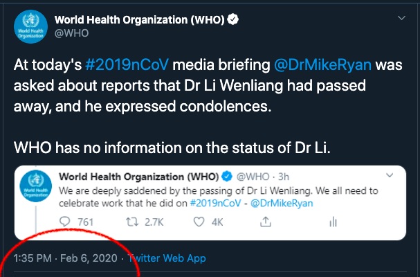 WHO tweeted condolences to Li Wenliang